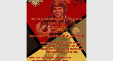 A poster calling for rugby coaches for various age groups with a graphic of a rugby player in the background and the wording over this image.