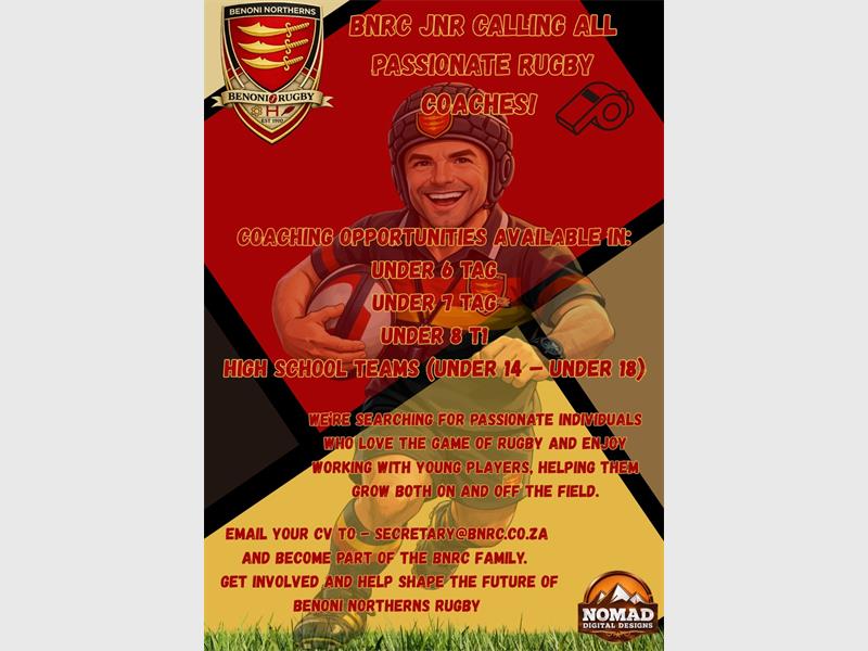 A poster calling for rugby coaches for various age groups with a graphic of a rugby player in the background and the wording over this image.