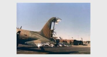 A photo showing the damage to the tail of a Dakota aircraft.