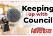 An image showing a microphone on a blurred background with the wording keeping up with council in black and red and the boksburg advertiser logo.