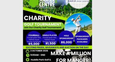 A green and blue poster advertising a golf day fundraiser with images of golf balls and player hitting a ball behind the text.