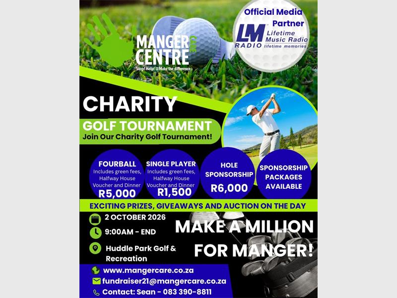 A green and blue poster advertising a golf day fundraiser with images of golf balls and player hitting a ball behind the text.