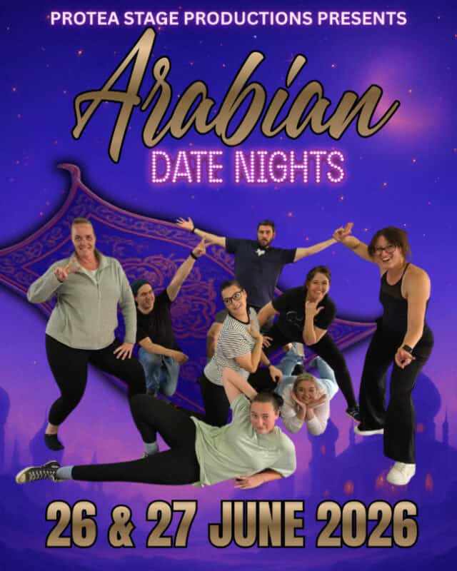 A poster advertising a theatre production called Arabian Date Nights, featuring text and cast members in various poses.
