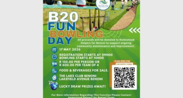A poster advertising a B20 fun bowling day with text on a background of golfing greens and a QR code.