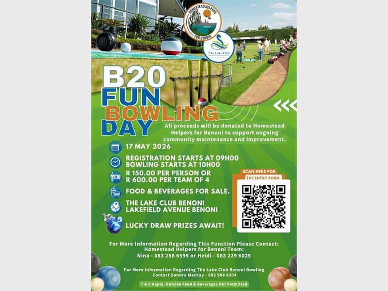 A poster advertising a B20 fun bowling day with text on a background of golfing greens and a QR code.