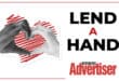 A black and white image with the words Lend a Hand and the Boksburg Advertiser logo in the bottom right hand corner and an image of hands forming a heart.
