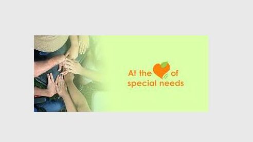 Image of hands on green background with text reading: at the heart of special needs