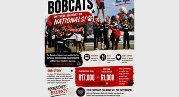 A poster showing a cheerleading squad in action with wording in black and red.
