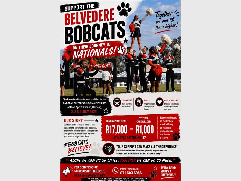A poster showing a cheerleading squad in action with wording in black and red.