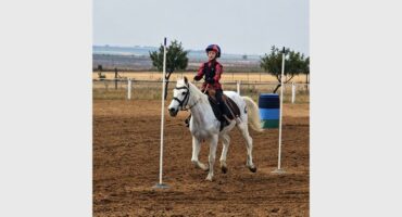 A young rider dressed in red and blue riding a white horse on a course.