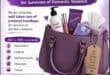 Purple writing on a white background with the image of handbag packed with pamper goodies.