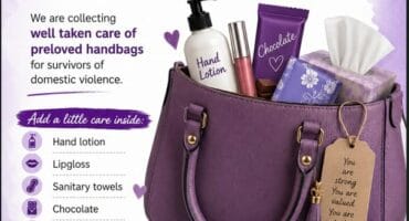 Purple writing on a white background with the image of handbag packed with pamper goodies.