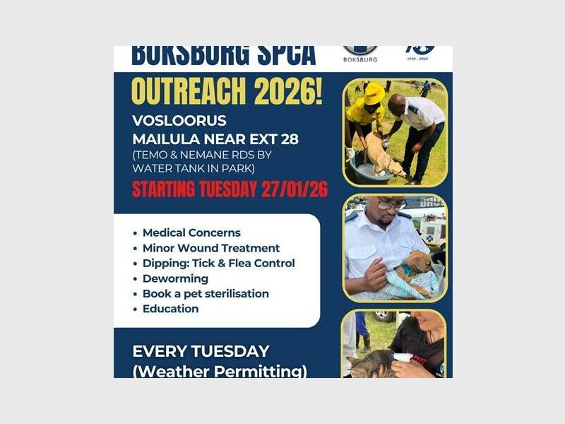 A poster with images and wording about the SPCA's outreach in Vosloorus.