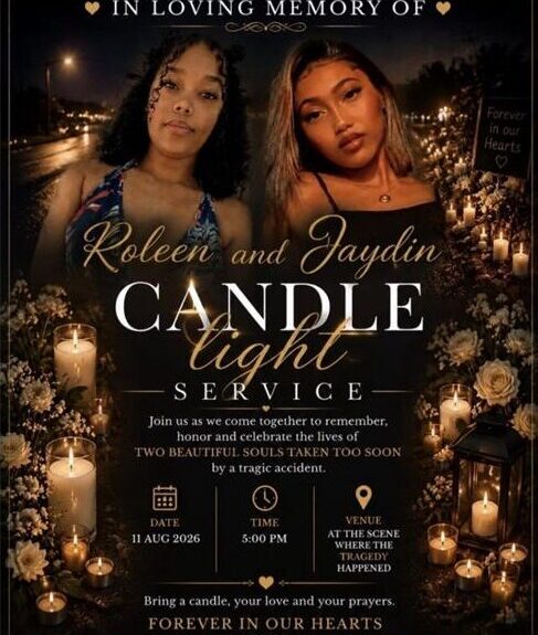 A poster invited the community to a candlelight vigil for two women, showing their photographs and giving the information.,