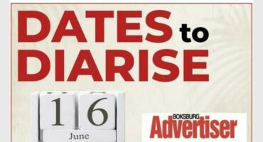 A black and white image with the words Dates to Diarise in red and the Boksburg Advertiser logo in the bottom right corner and a calendar showing 16 June.