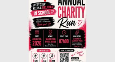 A poster in black and pink advertising a fun run for pad a girl NPO.