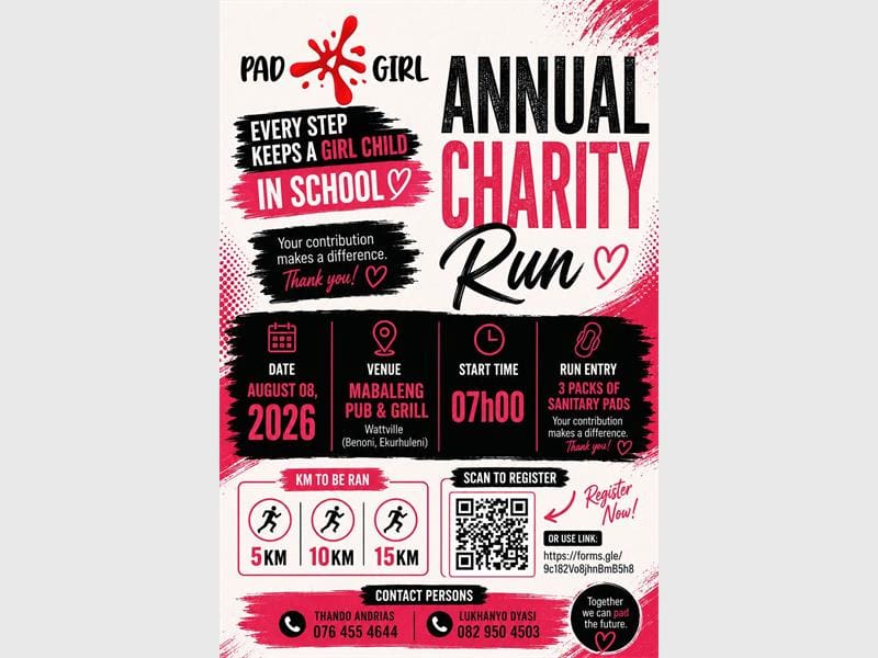 A poster in black and pink advertising a fun run for pad a girl NPO.