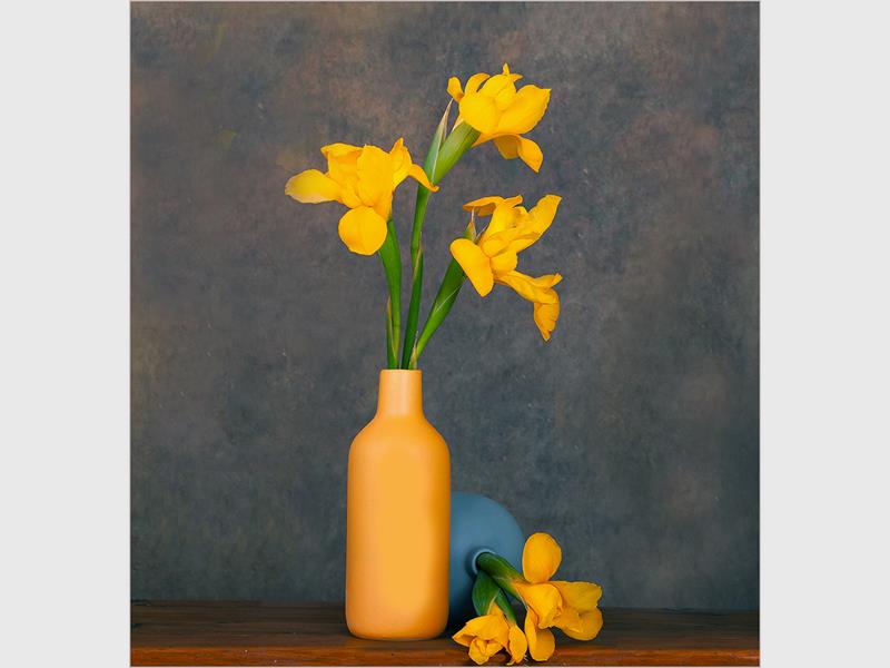 Yellow flowers in a yellow vase with some of the flowers next to the vase on a table.