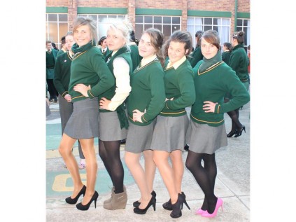 Some of the Grade 12 pupils at Hoërskool Brandwag in their high heels which they got to wear to school on Tuesday, during the school's Women's Week, in exchange for a R5 donation towards iThemba. They are Rowlene Myburgh (left), Chantel Coetzee, Tasia Brummer, Nicky Sceepers and Maryna Else.