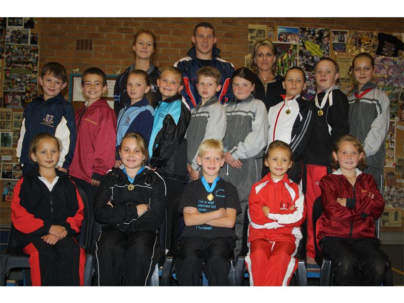 These Eagle Tumbling Club members represented their schools at the South African Novice Championships, in Benoni, on September 26. The number of medals won is indicated in brackets. They are, front (from left): Lucie Miller (13), Chanelle Wessels (2), Damian Enever (2), Nikita Wessels (10) and Tyra-Lee Enever (12). Middle: Ayden Mavromatis (7), Jesse Joao (5), Rebecca Smal (4), Erika Neuhoff (6), Aidan Maaske (4), Nicole Cottrell (4), Joshua Sinclair (1), Joshua Rushton (1) and Katja Clausen (3)