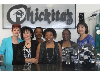 Chickita's staff members are seen at the summer fashion show. They are, front (from left): owner of the boutique Shirley Modlin and Elizabeth Mahlangu. Back: Catrien Bouwer, Gloria Mlombile, Dora Ndabeni and Fernanda du Abreu.