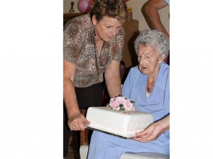 Barbara Ireland Ree and her daughter, Linda Maaske, at her 100th birthday party on February 18, at the Old Peoples Home.
