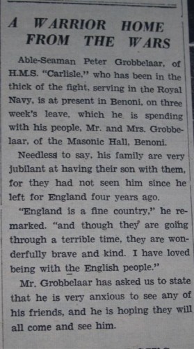 A warrior home from the wars. In 1941, the world was deep in the midst of Word War II and in the Benoni City Times Friday, February 28, 1941, edition it was the War that was the most frequently discussed topic. This article of a Benoni seaman who returned home from war stricken England sums up the theme for the week.