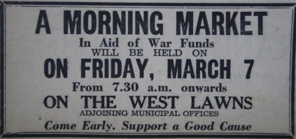 This advertisement in the Benoni City Times Friday, February 28, 1941, edition encouraged Benonians to “support a good cause” by visiting a morning market in aid of “war funds”.