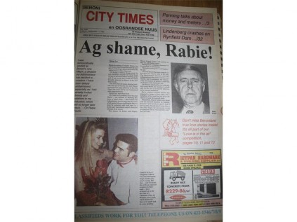 The front page of the Benoni City Times for Friday, February 11, 1994. In the week's lead story, written by Helene Lee, Clr Rabie Fourie was set to succeed Clr Gerrie Kriek and become the next mayor of Benoni. However, following a shock decision by the Administrator of the Transvaal, Kriek would have to continue serving as mayor “because the Administrator has decided that the terms of all current mayors and deputy mayors be extended until such time as a multi-party transitional council elects th