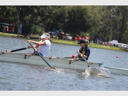 Fabienne van der Berg and Kaylee Niewondt of St Dunstan’s are seen in rowing action at the Homestead Sprint Rowing Regatta on Saturday.