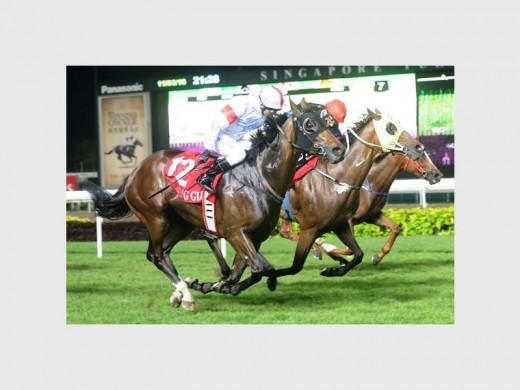 Derreck David (on horse number 12) overcomes his rivals to claim a dream win in the Racing Guide Classic, at the Singapore Turf Club.