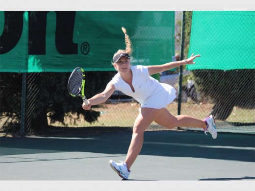 Lee Barnard stretches for the ball in the open women’s singles final, at the Gauteng East Tennis Centre, on Monday. She won the women’s doubles title with her twin sister, Zani, the previous day.
