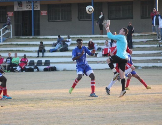 Benoni Northerns goalkeeper Skyeler van den Berg goes up to collect the ball in the fixture against Germiston City.