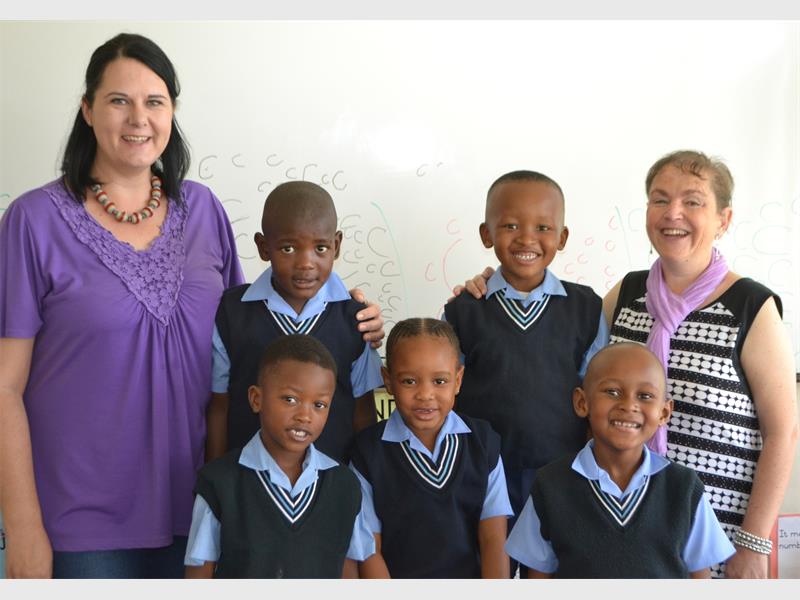 The 2017 Grade One class at Benoni Christian School. Seen here are, back (from left): Ashleigh Archer, Nhlakanipho Jiyane, Phenyo Lepheane and Althea Cotty. Front: Rowen Vuza, Nkateko Mona and Keabetswe Mapaila.