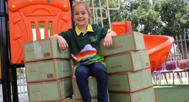 Dogtertjie met ‘n groen hempie sit op bokse