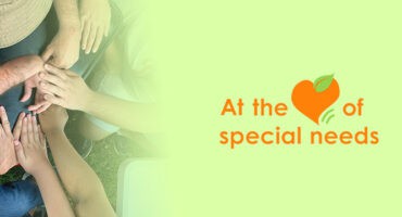 Green background with a group of hands on the left and text in orange.