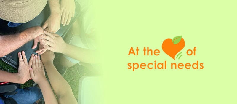Green background with a group of hands on the left and text in orange.