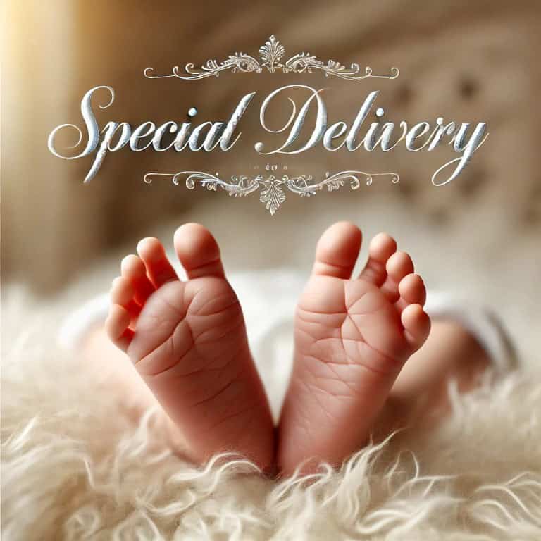 A baby’s feet resting on a white blanket with text at the top.
