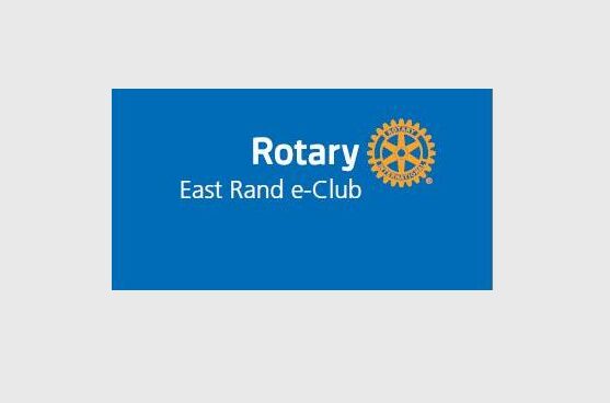 Blue background with the Rotary gear emblem and words written in white, Rotary East Rand e-Club.