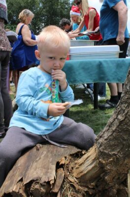 Blond white boy eating an ice-lollie