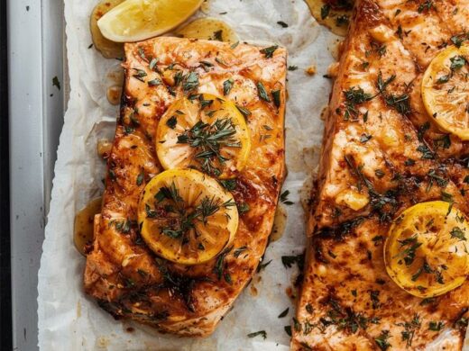 Salmon with honey-lime glaze and fresh dill.