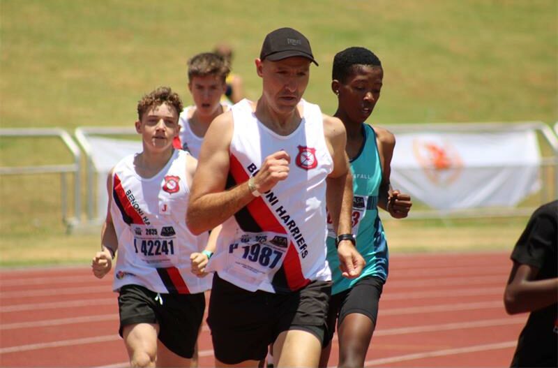 Photos of Benoni Harriers AC runners at the first CGA open track and field league meeting at Germiston Stadium.