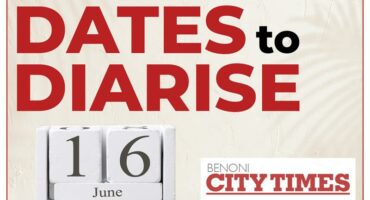 A black and white image showing a calendar marked 16 June with Dates to Diarise in red and the Benoni City Times logo.