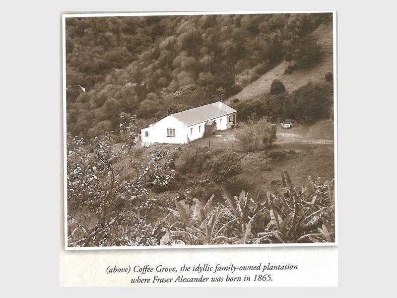 A black and white photo of a white house in the distance set between coffee plantations. 