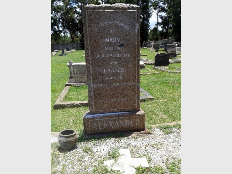 A tombstone depicting the names of Fraser and Mary Alexander.