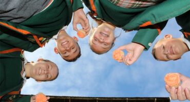 Vier wit kinders, twee seuns en twee dogters, hou kolwyntjies en kyk af na die kamera