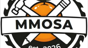 Logo of a saw blade with a hammer and pencil embedded across an orange