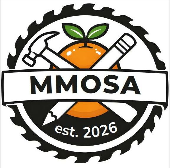 Logo of a saw blade with a hammer and pencil embedded across an orange