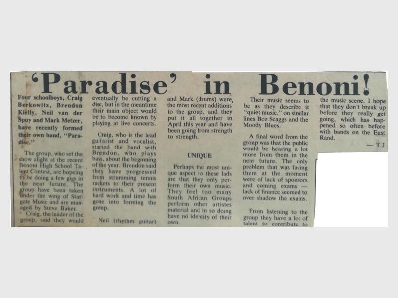 A newspaper article from Benoni City Times with the headline 'Paradise in Benoni!'