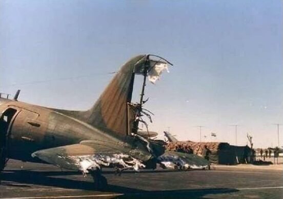 Military plane with a damaged tail
